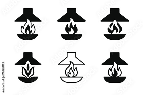 Flame Safety Logos. A chef flambeing a dish with a burst of flames in a pan. Set Logo of vent hood safety: pan flame under range hood silhouette. Icon set.