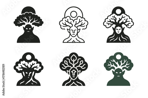 Forest Spirit Emblem. A forest spirit guarding an ancient oak tree. Set Logo of a forest spirit guarding an ancient oak tree: moonlit oak with protective aura.