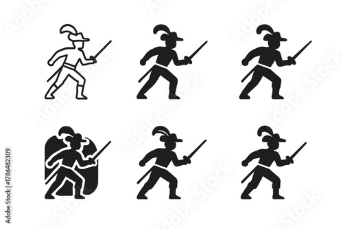 Dramatic Sword Logos. An actor performing a dramatic sword fight on stage. Set Logo of An actor performing a dramatic sword fight on stage: plume hat and sword