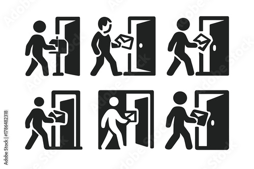 Mail Icon Variations. Bringing in the mail. Icon set. Set Logo of bringing in the mail: homeowner carrying letters from mailbox to door. harmonious logo