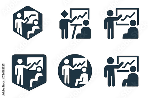 Mentorship Logo Variations. Workplace mentorship and coaching. Set Logo of workplace mentorship and coaching: coaching session at whiteboard with charts. Icon