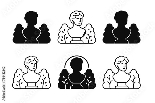 Sculpture Garden Logos. Sculpture gardens. Set Logo of Sculpture gardens: stone bust among hedges. Icon set. harmonious logo variations of the same emblematic