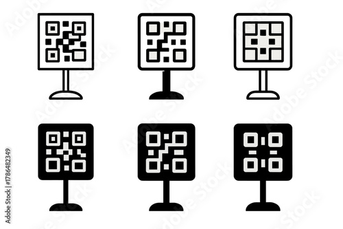 Shelf Logo Designs. Shelf talkers and signage. Set Logo of Shelf talkers and signage: QR code sign on stand. Icon set. harmonious logo variations of the same
