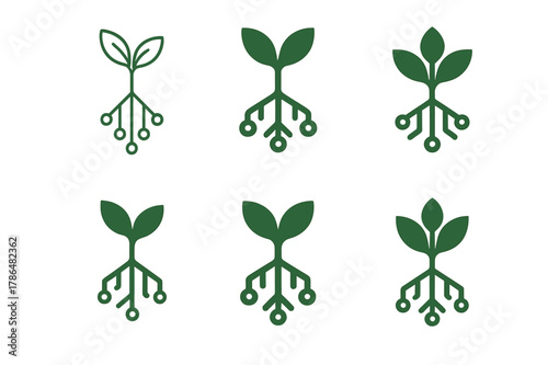 Smart Agriculture Logos. Smart agriculture solutions. Icon set. Set Logo of Smart agriculture solutions: seedling with circuit roots. harmonious logo