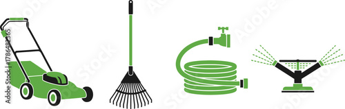 Lawn Care Icons Lawn Mower, Leaf Rake, Garden Hose, Sprinkler
