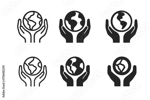 Volunteering Logo Variations. Volunteering. Set Logo of Volunteering: open palms holding globe. Icon set. harmonious logo variations of the same emblematic