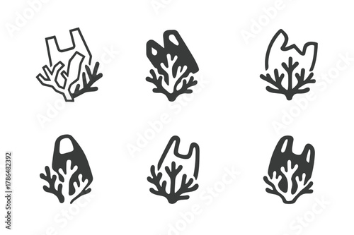 Pollution and Wildlife Logos. Pollution and wildlife. Set Logo of Pollution and wildlife: coral reef with drifting plastic bag. Icon set. harmonious logo