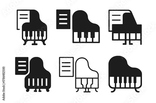 Harmonious Piano Logos. Piano and sheet music. Icon set. Set Logo of Piano and sheet music: sustain pedal. harmonious logo variations of the same emblematic