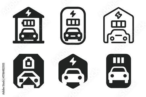 Electric Vehicle Logos. Electric vehicle adoption. Set Logo of electric vehicle adoption: battery swap bay. Icon set. harmonious logo variations of the same