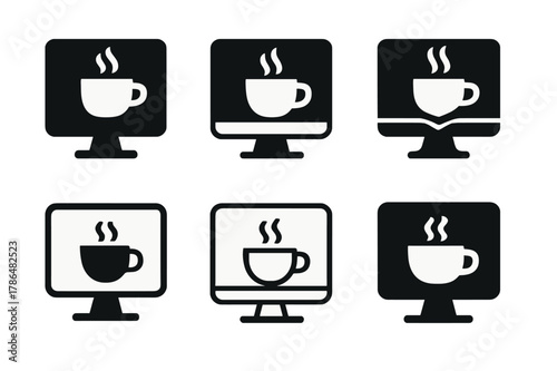 Coffee Work Icons. Drinking coffee while working. Icon set. Set Logo of drinking coffee while working: computer monitor with cup steam rising. harmonious logo
