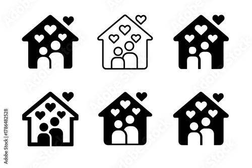 Family Vision Icons. Creating a family vision board. Icon set. Set Logo of creating a family vision board: home silhouette surrounded by family icons and