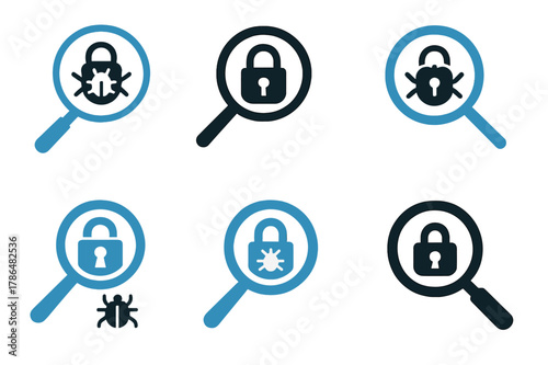 Ethical Hacking Icons. Ethical hacking for business security. Icon set. Set Logo of Ethical hacking for business security: vulnerability scanner. harmonious