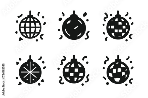 Party Logo Variations. Social gatherings and celebrations. Set Logo of party: disco ball and confetti. Icon set. harmonious logo variations of the same