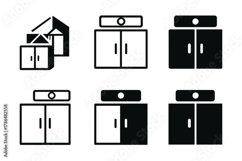 Home Renovation Logos. Home renovation and remodeling. Set Logo of Home renovation and remodeling: kitchen cabinet installation with level tool. Icon set.