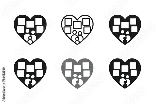 Family Photo Decor. Personalizing home decor with family photos. Set Logo of personalizing home decor with family photos: photo collage heart shape. Icon set.