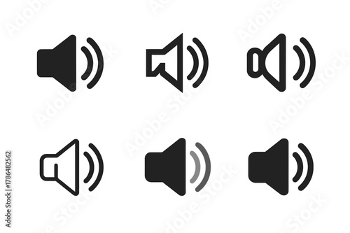 Sound Wave Icons. How sound is made. Icon set. Set Logo of How sound is made: speaker emitting sound waves. harmonious logo variations of the same emblematic