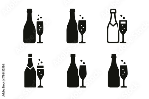 Champagne Moments Icons. Romantic candlelit dinners. Set Logo of champagne moment: bottle and flute with bubbles. Icon set. harmonious logo variations of the