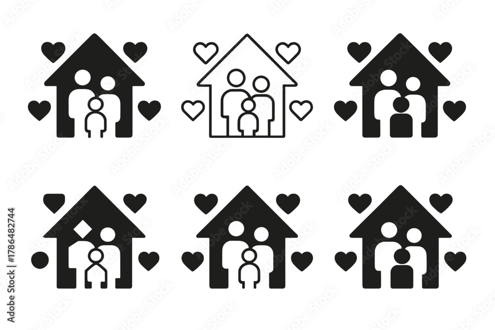 Fototapeta premium Family Vision Icons. Creating a family vision board. Icon set. Set Logo of creating a family vision board: home silhouette surrounded by family icons and