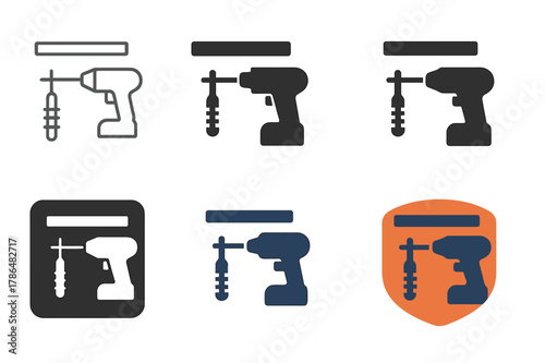 Floating Shelf Logos. Installing floating shelves on a wall. Set Logo of installing floating shelves on a wall: drill and anchor setup. Icon set. harmonious