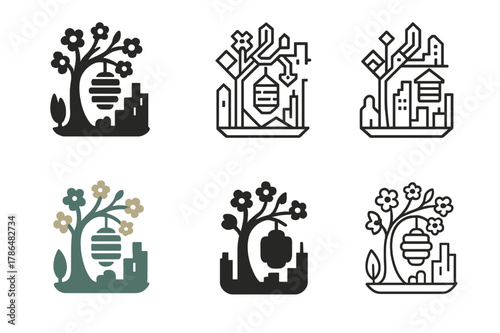 Urban Beekeeping Logos. Suburban beekeeping with urban landscapes. Set Logo of Suburban beekeeping with urban landscapes: flowering tree with hive frames