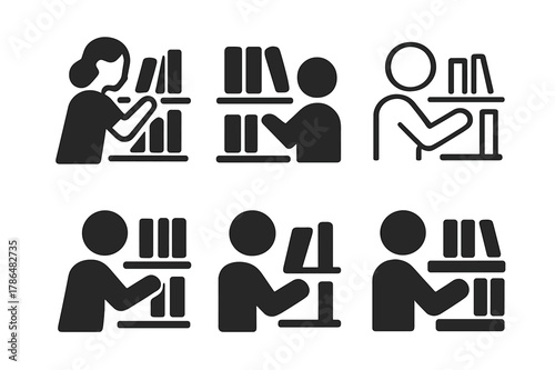 Librarian Icon Set. Librarians organizing books and resources. Icon set. Set Logo of Librarians organizing books and resources: stacked books on shelf.