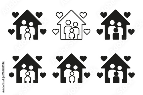 Family Vision Icons. Creating a family vision board. Icon set. Set Logo of creating a family vision board: home silhouette surrounded by family icons and
