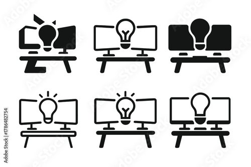 Creative Workspace Logos. Creative workspace setups that spark inspiration. Icon set. Set Logo of creative workspace setups that spark inspiration: dual