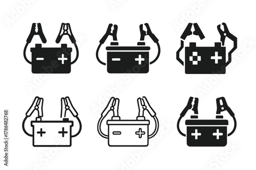Car Battery Logos. Car battery with jumper cables. Icon set. Set Logo of Car battery with jumper cables: positive and negative terminals. harmonious logo