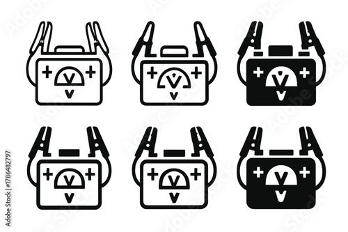 Car Battery Logos. Car battery with jumper cables. Icon set. Set Logo of Car battery with jumper cables: voltage meter readout. harmonious logo variations of