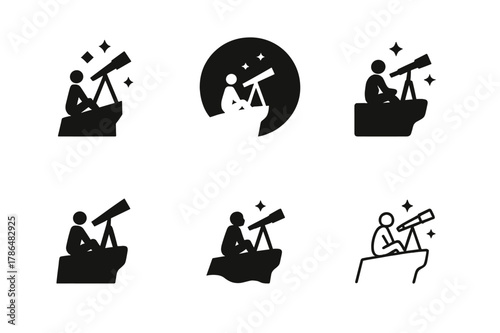 Nature Serenity Icons. People enjoying peaceful, solitary moments in nature. Set Logo of People enjoying peaceful, solitary moments in nature: stargazer on a