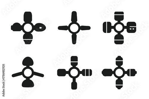Space Habitat Logos. The future of space habitats and long-term space travel. Set Logo of docking hub with habitat spokes: Stylized detail, Negative space,