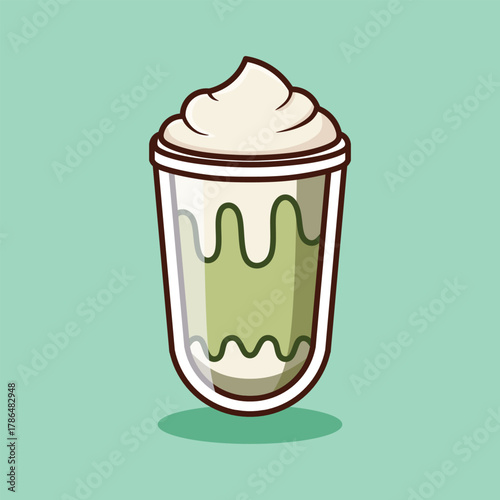Matcha Latte with Vanilla Cream Topping, icon, isolated on the green background.