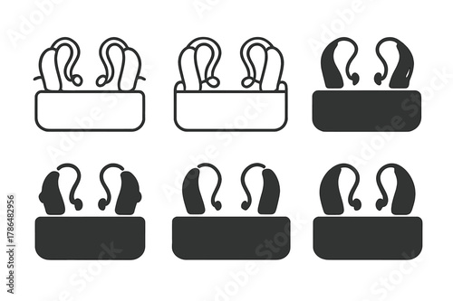 Elderly Care Icons. Elderly care technology. Icon set. Set Logo of elderly care technology: hearing aid charging dock. harmonious logo variations of the same