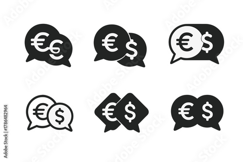 Currency Logo Icons. tariff negotiations. Set Logo of tariff negotiations: two speech bubbles with currency symbols exchanging. Icon set. harmonious logo