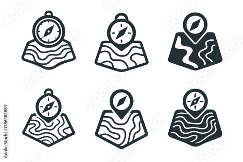 Trekking Logo Variations. Trekking in remote and unexplored areas. Set Logo of Trekking in remote and unexplored areas: compass over topographic map. Icon set.