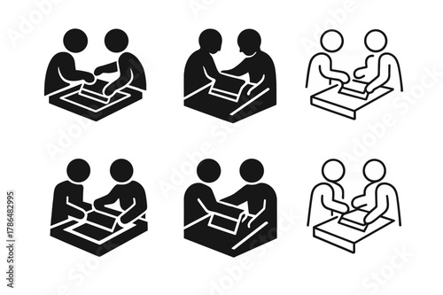 Collaborative Art Logos. Artists working together in a workshop. Set Logo of Artists working together in a workshop: screen printing frame with squeegee. Icon