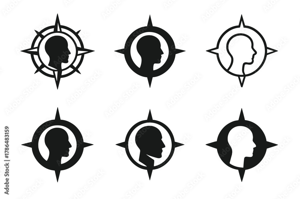 Fototapeta premium Personalized Coaching Logos. Personalized career coaching. Set Logo of personalized career coaching: compass merged with a human profile. Icon set. harmonious