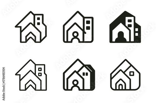 Flexible Work Logos. Flexible work schedules for parents. Icon set. Set Logo of Flexible work schedules for parents: overlapping home and office icons.