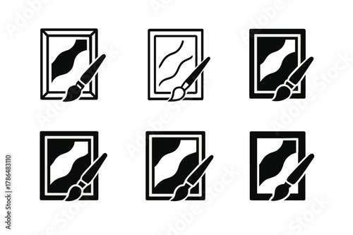 Artistic Logo Variations. DIY home decor projects and tutorials. Set Logo of wall art: framed abstract canvas with brush. Icon set. harmonious logo variations