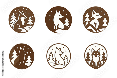 Seasonal Wildlife Logos. Animals in the wild during different seasons. Set Logo of Animals in the wild during different seasons: fox in snowy woods. Icon set.