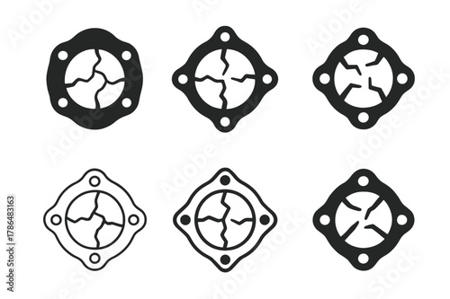 Gasket Icon Variations. Worn-out gasket or seal. Icon set. Set Logo of worn-out gasket or seal: brittle paper gasket with cracks. harmonious logo variations of