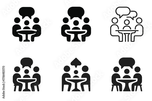 Family Stories Logos. Telling family stories at a gathering. Set Logo of Telling family stories at a gathering: dining table with speech bubbles. Icon set.