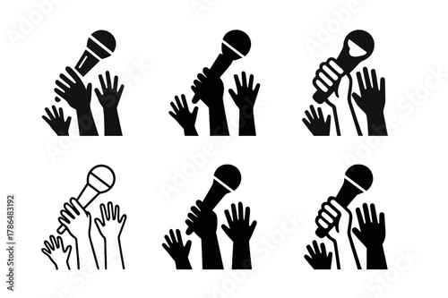 Karaoke Logo Variations. Karaoke events and competitions. Set Logo of karaoke events and competitions: audience hands reaching for mic. Icon set. harmonious