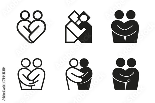 Embrace Logo Variations. Empathy in romantic relationships and building strong friendships. Set Logo of empathy and connection: two figures embracing. Icon