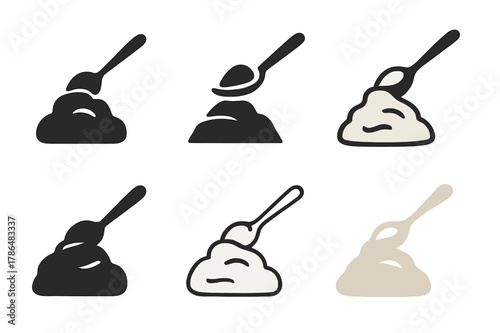 Mashed Potato Logos. Mashed potato mound. Icon set. Set Logo of mashed potato mound: serving spoon lifting mash. harmonious logo variations of the same