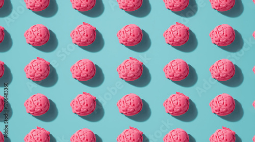 Bright pink ice cream scoops create a seamless pattern against an aqua blue background, showcased from a top-down view. The design features a pop-art aesthetic with soft natural shadows,.