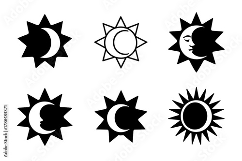 Sun and Moon Logos. Maximum contrast. Set Logo of maximum contrast: sun and moon duality. Icon set. harmonious logo variations of the same emblematic concept,
