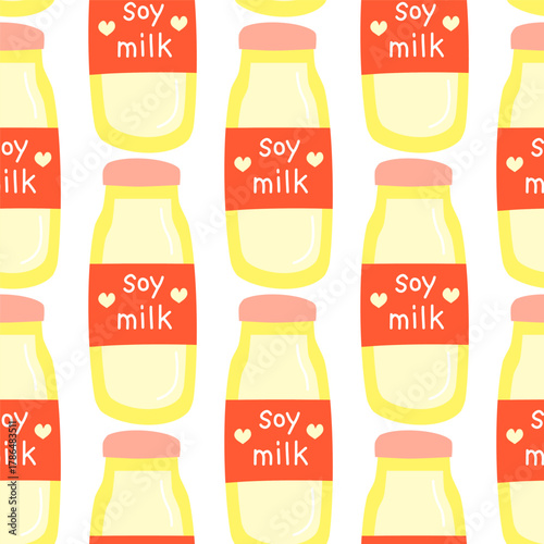 Seamless pattern with hand drawn flat soy milk in plastic bottles. Cute background with plant based vegan drinks.