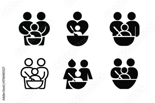 Family Cooking Logos. Cooking together as a family. Set Logo of cooking together as a family: shared mixing bowl. Icon set. harmonious logo variations of the