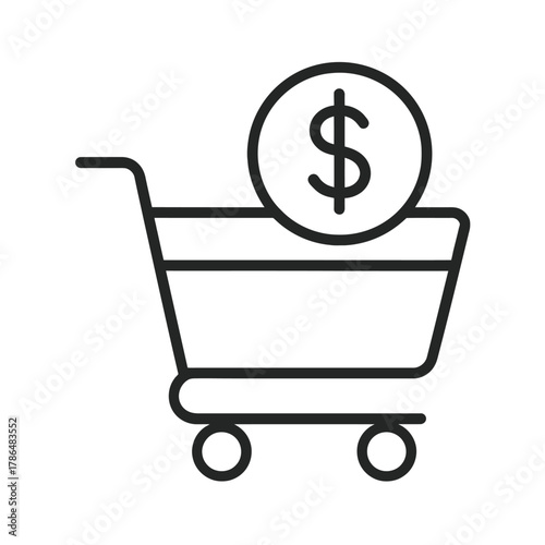 Shopping cart icon with dollar coin symbolizing commerce and financial transactions.